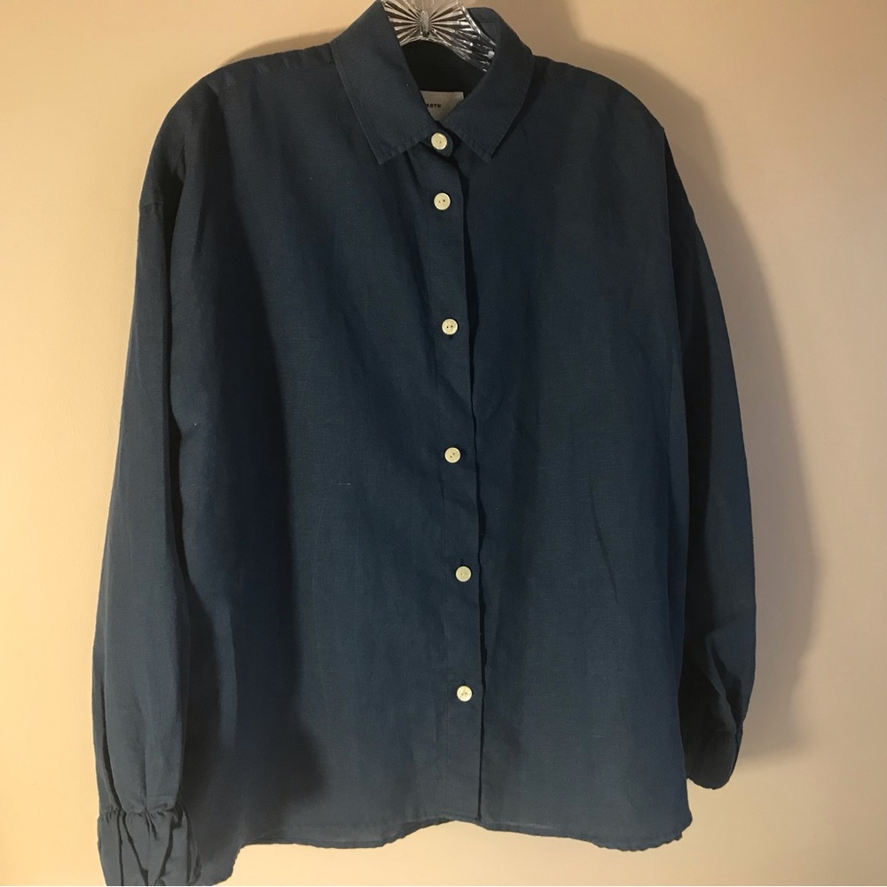 Kotn blue linen and cotton button down shirt